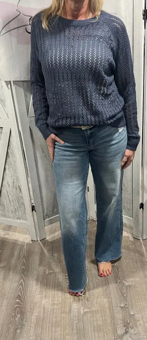 Solid Open Knit Sweater- Available in Navy & Coral