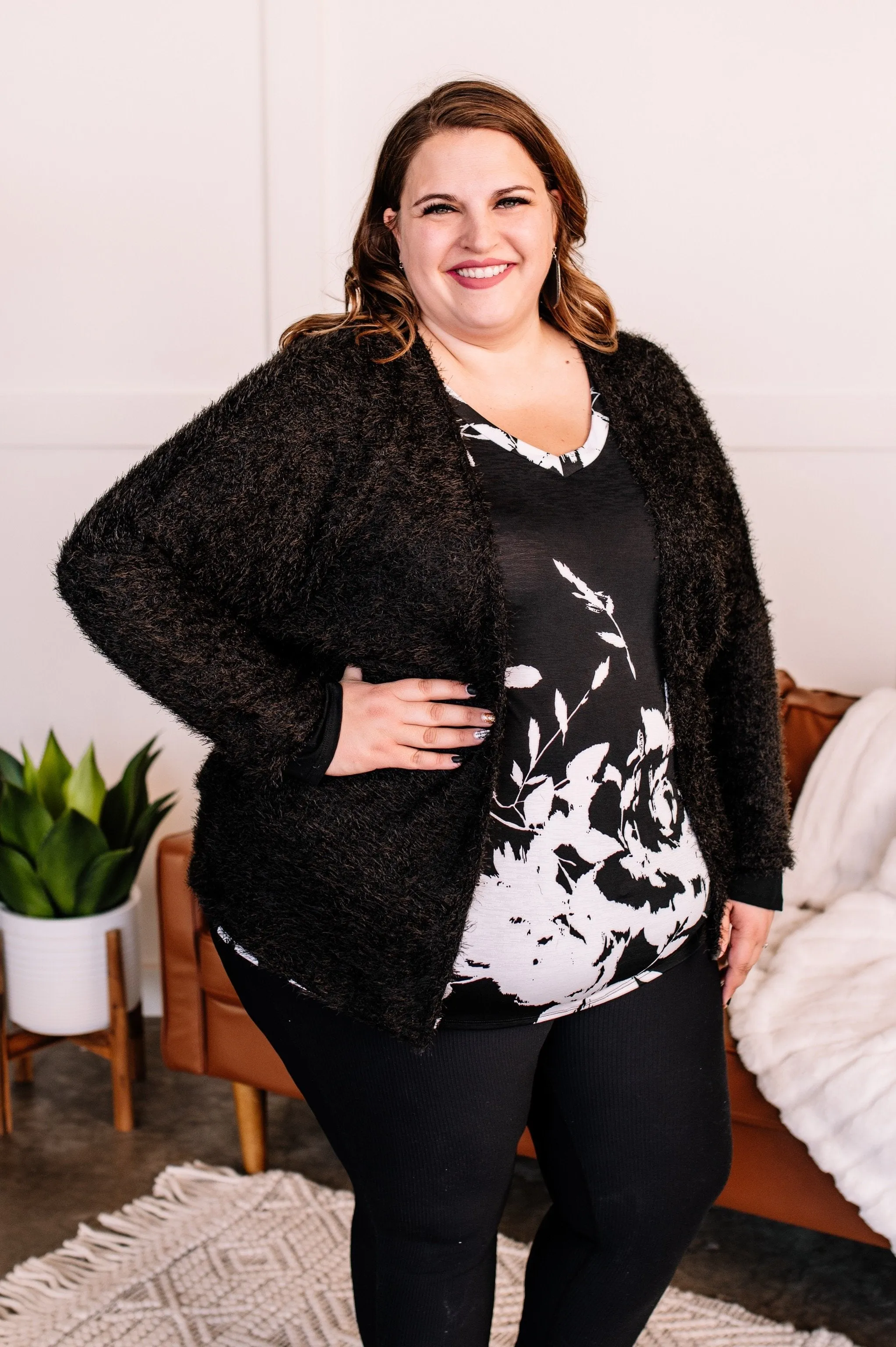 Stay With Me Feather Cardigan In Black