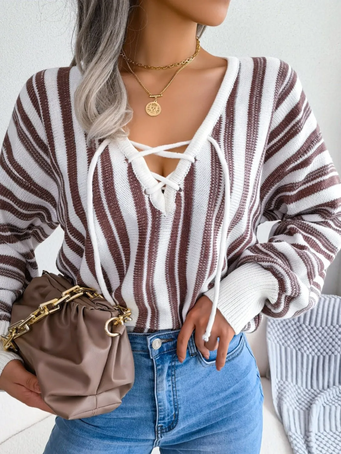 Striped Lace-Up Long Sleeve Sweater