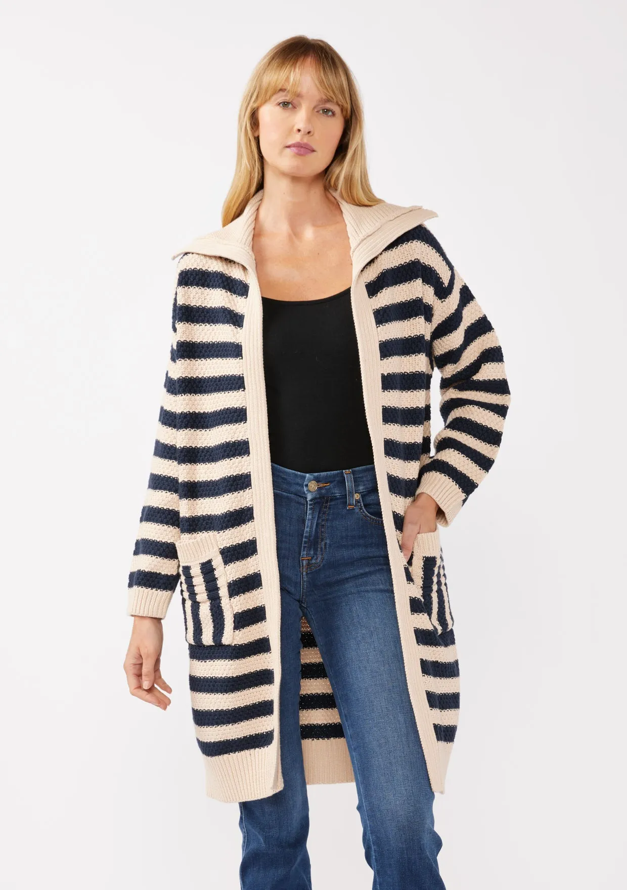 Striped Open Front Long Sleeve Cardigan