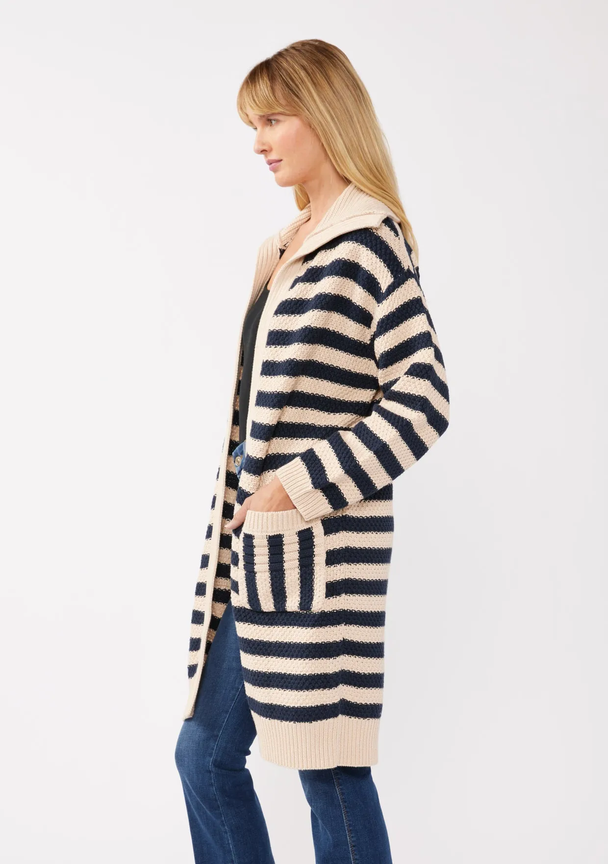 Striped Open Front Long Sleeve Cardigan
