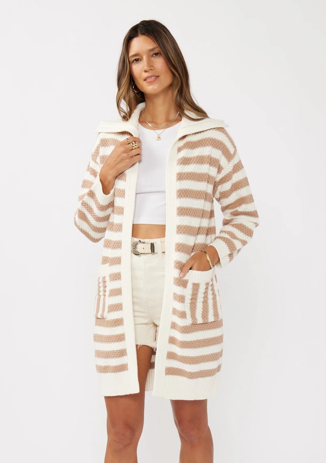 Striped Open Front Long Sleeve Cardigan