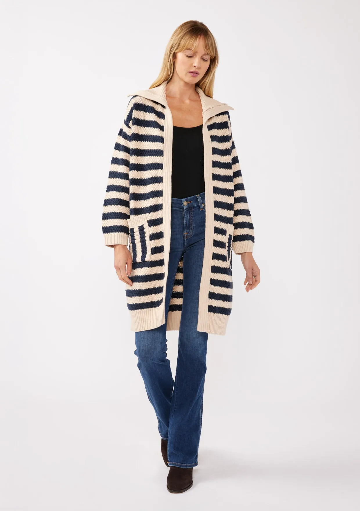 Striped Open Front Long Sleeve Cardigan