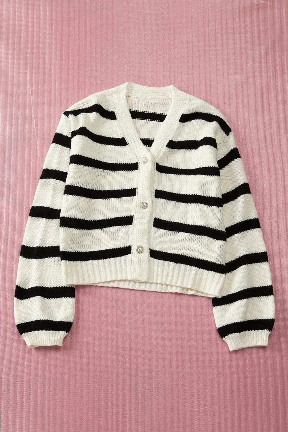 Striped V-Neck Buttoned Open Front Knitted Sweater