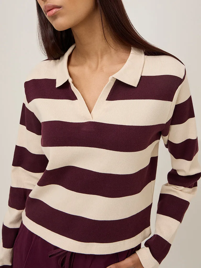 Studiofit Wine Striped and Ribbed Cotton-Blend T-Shirt