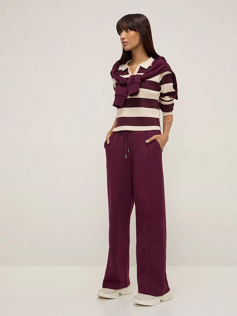 Studiofit Wine Striped and Ribbed Cotton-Blend T-Shirt