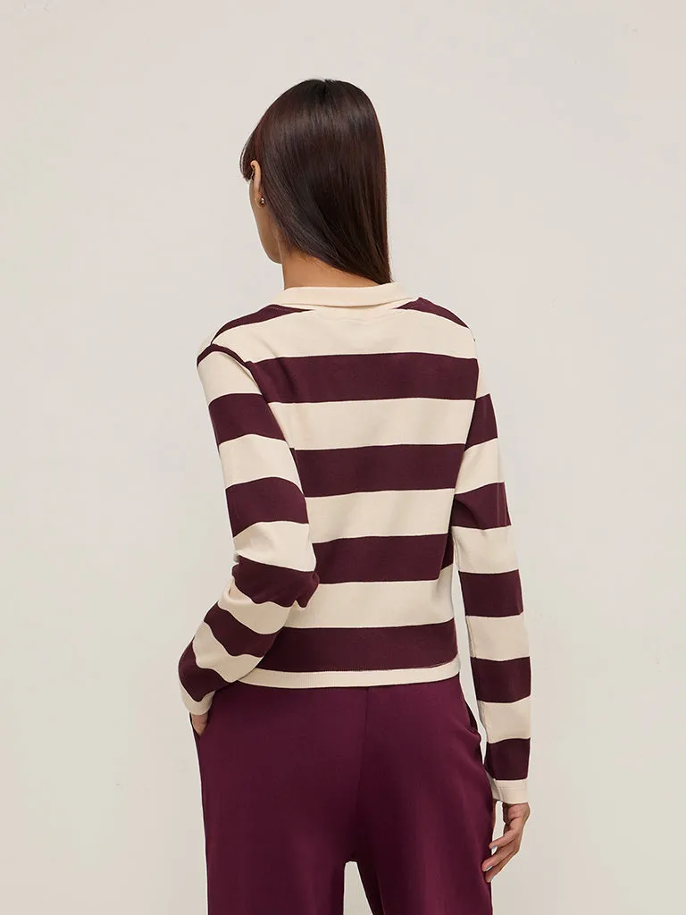 Studiofit Wine Striped and Ribbed Cotton-Blend T-Shirt