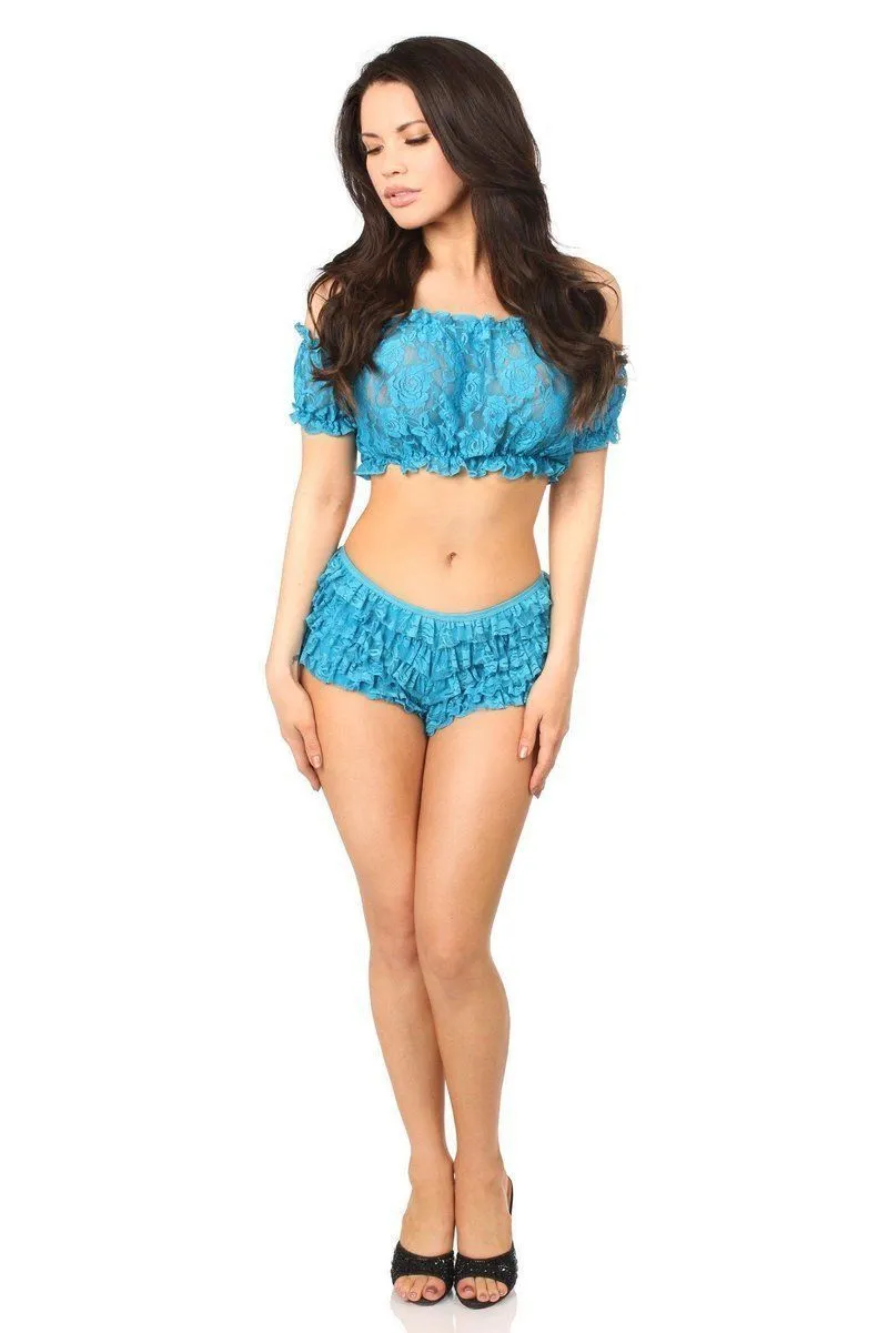 Teal Sheer Lace Short Sleeve Peasant Top by Daisy