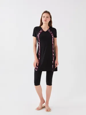 V-Neck Patterned Short Sleeve Women's Hijab Swimsuit Set