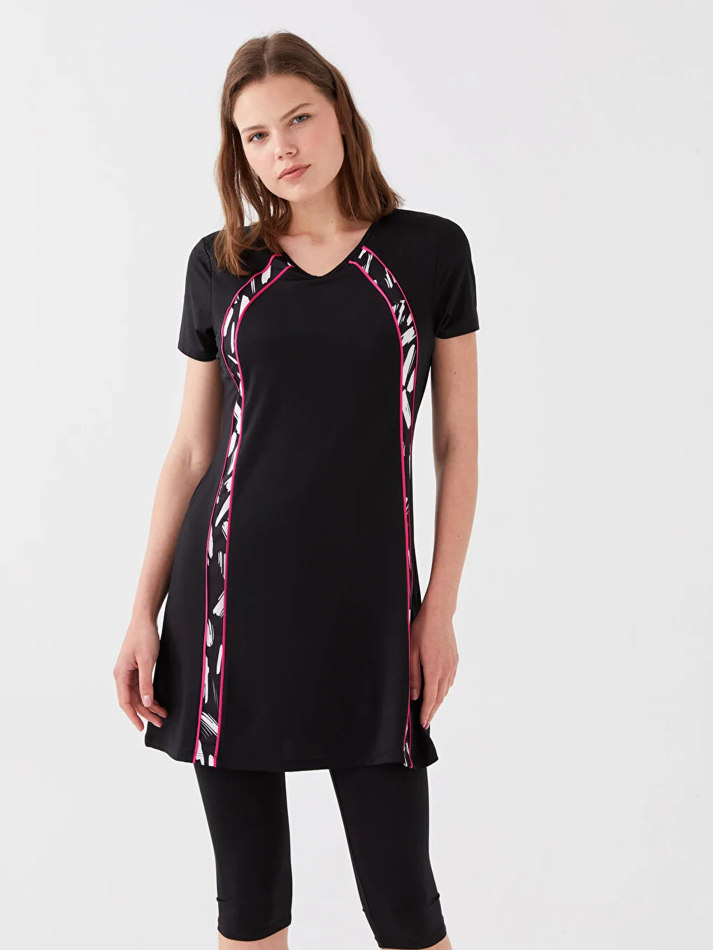 V-Neck Patterned Short Sleeve Women's Hijab Swimsuit Set