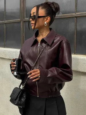 Vintage Solid Color Lapel Zipper Faux Leather Jacket Casual Long Sleeved Elastic Hem Short Women's Coat Fall Outerwear