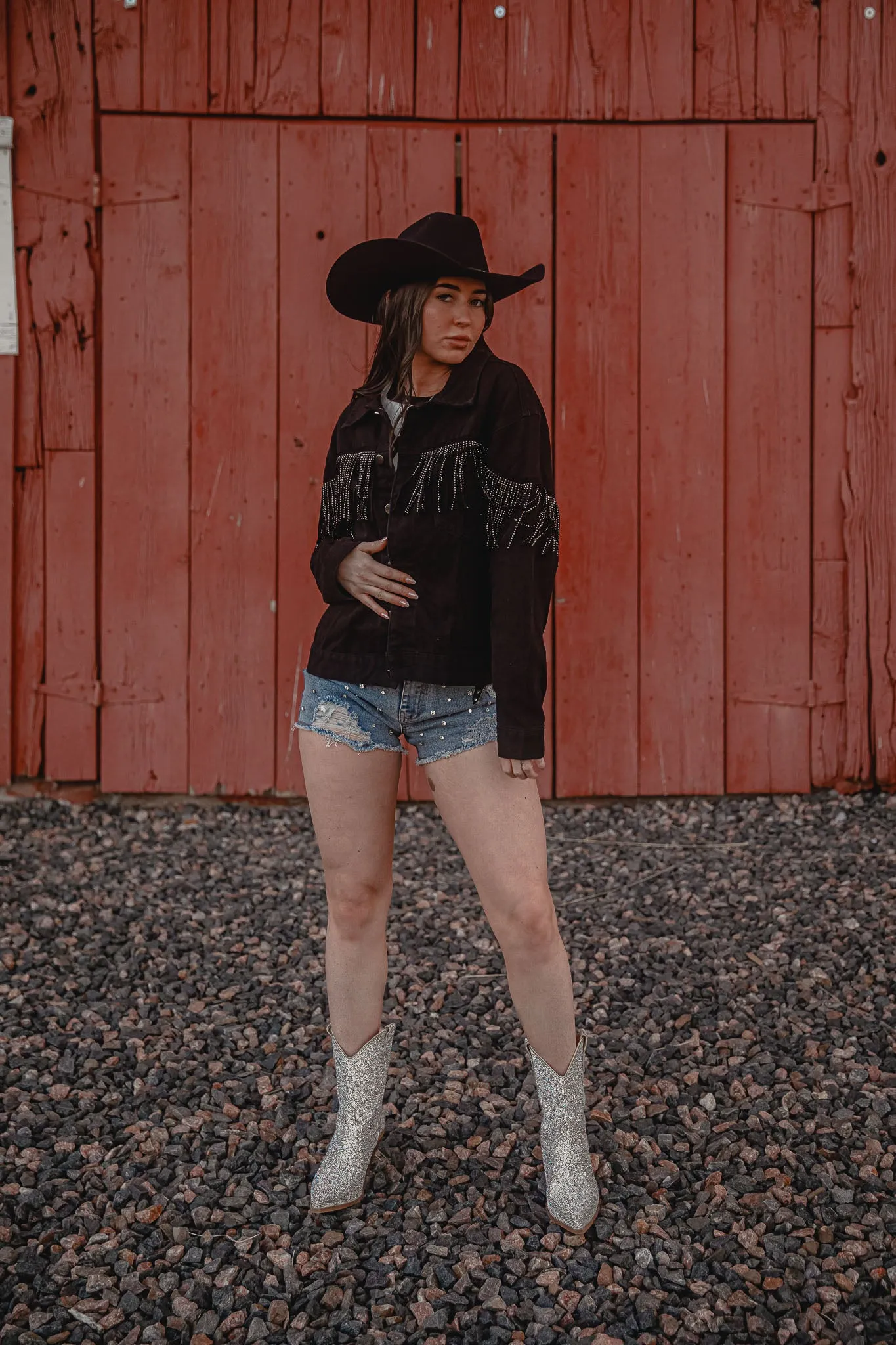 Washed Rivet Fringe Black Denim Jacket
