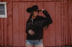 Washed Rivet Fringe Black Denim Jacket
