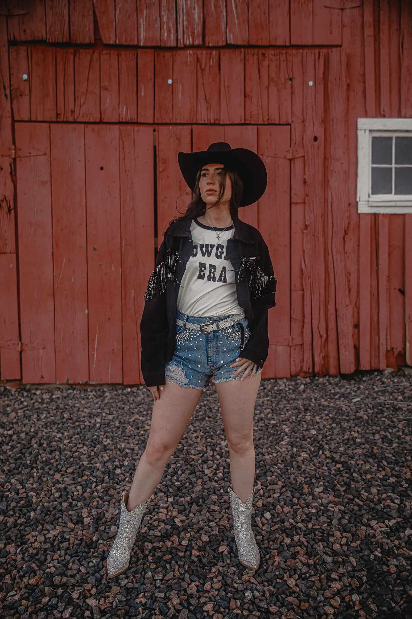 Washed Rivet Fringe Black Denim Jacket