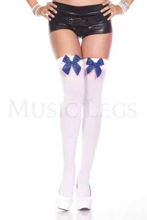 White Thigh Hi Stay Ups with Royal Blue Bows
