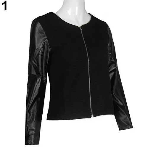 Women's Fashion Casual Faux Leather Splicing Zipper Long Sleeve Jacket Coat