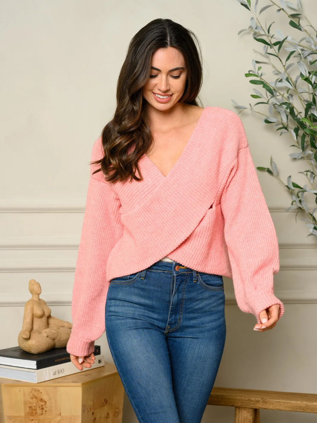 WOMEN'S LONG SLEEVE CROSSOVER KNIT SWEATER