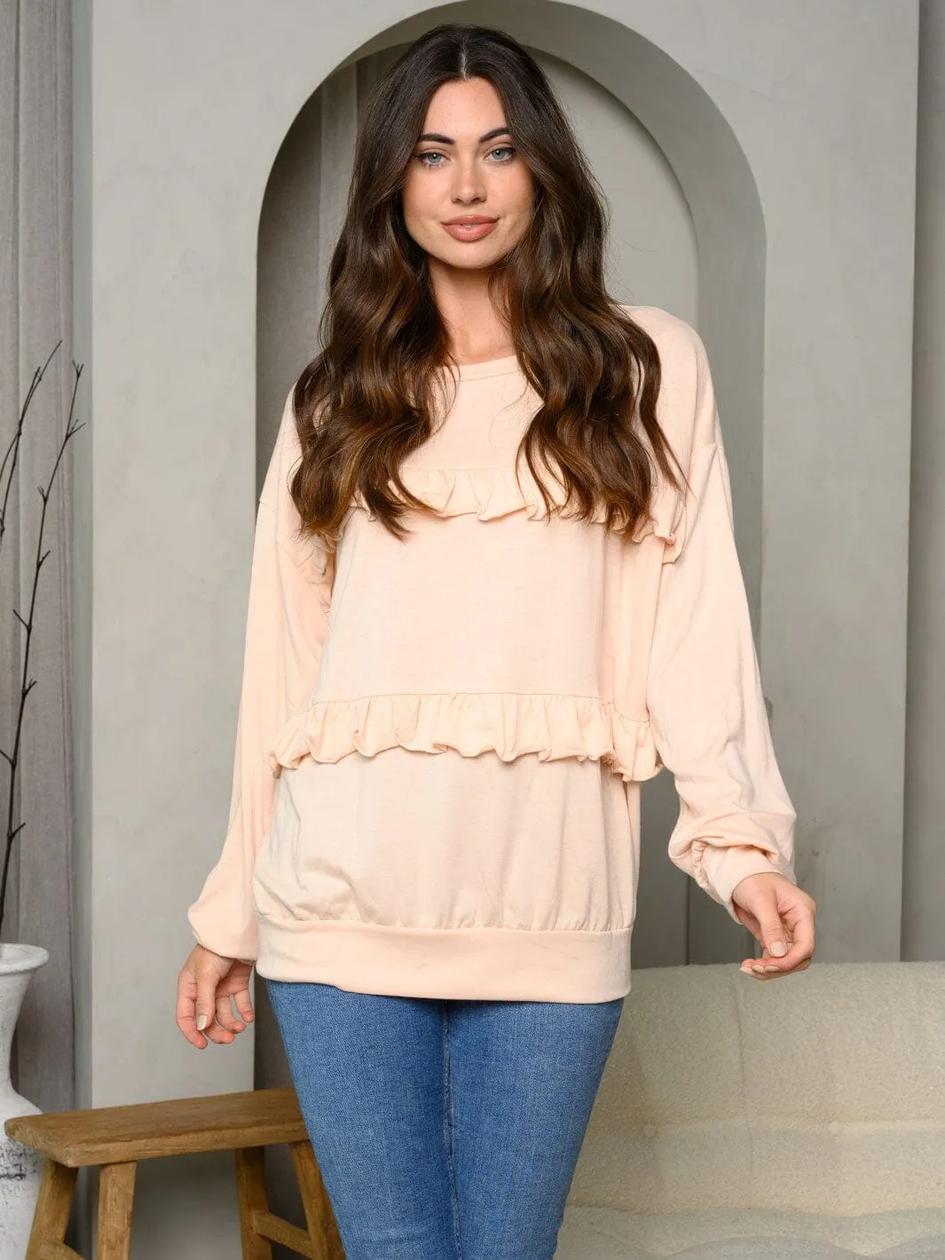 WOMEN'S LONG SLEEVE FRONT RUFFLE SWEATER