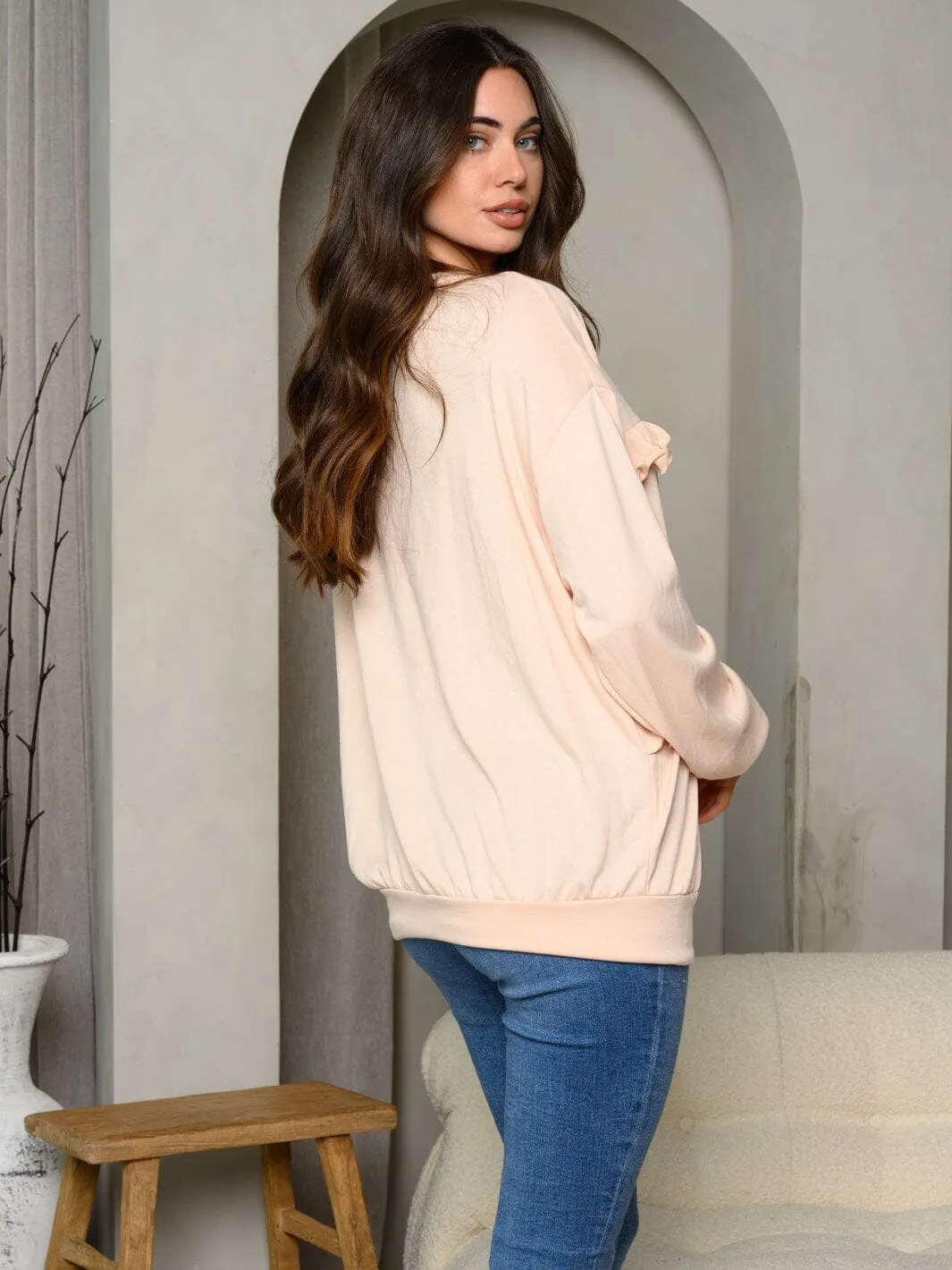 WOMEN'S LONG SLEEVE FRONT RUFFLE SWEATER