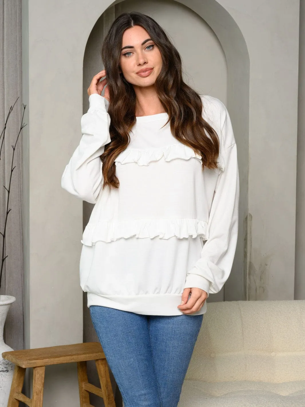 WOMEN'S LONG SLEEVE FRONT RUFFLE SWEATER