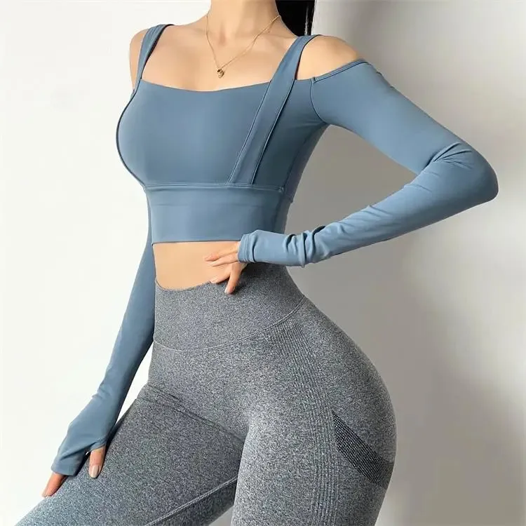 Women's Strapless Dry Tank Top - Long Sleeve Gym T-shirt for Athletic Fitness, Workout Running Sportswear